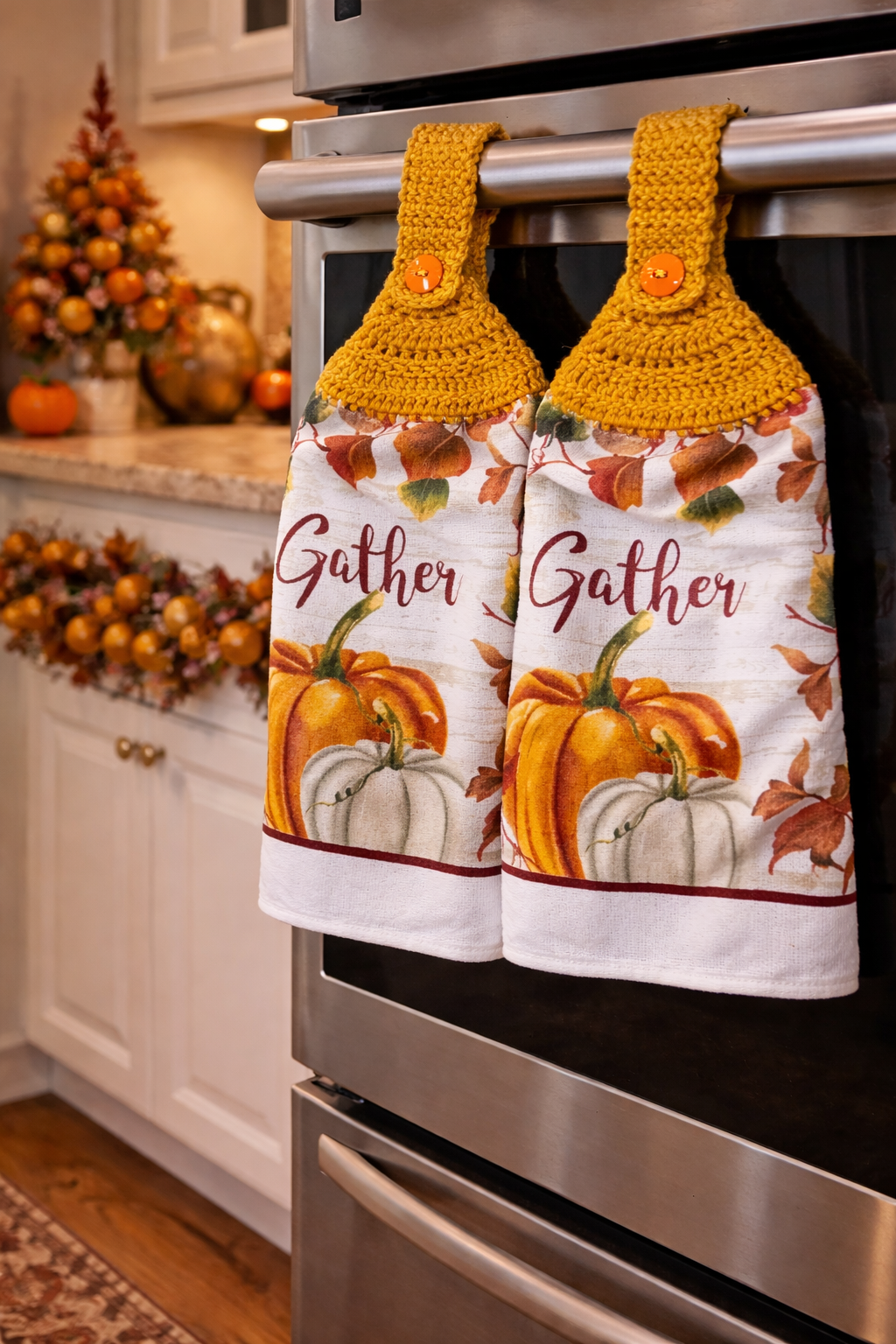 Crochet Top Fall Pumpkins and "Gather" Hanging Dish Towel Set
